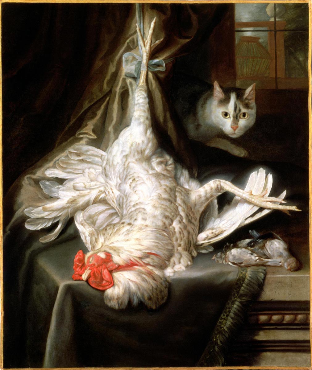 Samuel van Hoogstraten, Still life with a hanging cockerel and a prowling cat, 1669.